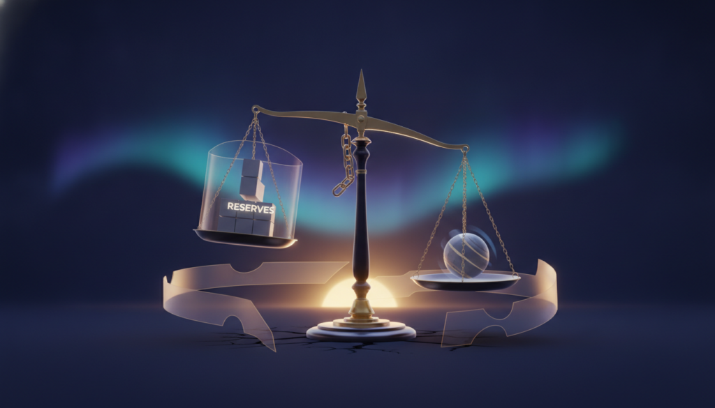 Aurora-style editorial cover illustrating: Stablecoin Risks: Depegs, Reserves and Regulation