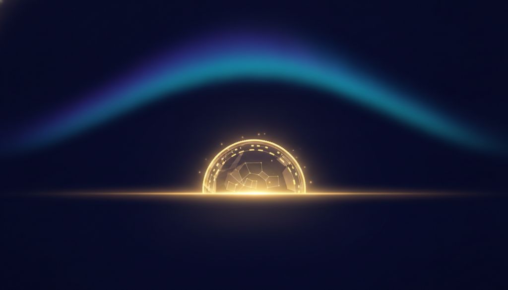 A glowing gold coin rising over the horizon like a sunrise, introducing cryptocurrency