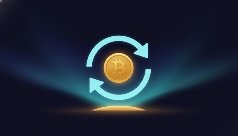 A gold coin encircled by a looping exchange arrow, buying and selling cryptocurrency