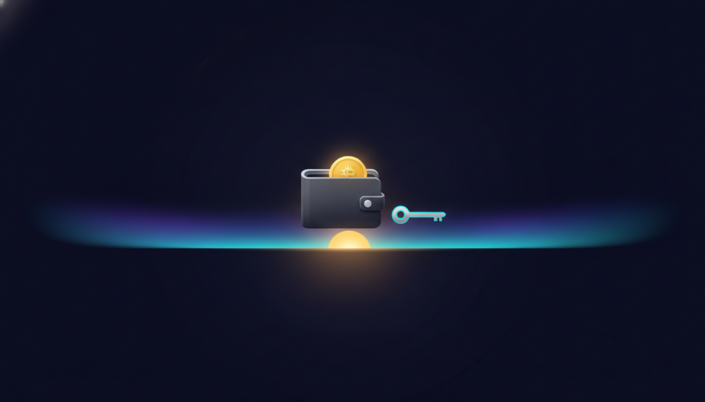 A digital wallet holding a gold coin beside a glowing key, setting up a crypto wallet