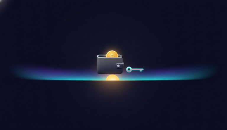 A digital wallet holding a gold coin beside a glowing key, setting up a crypto wallet