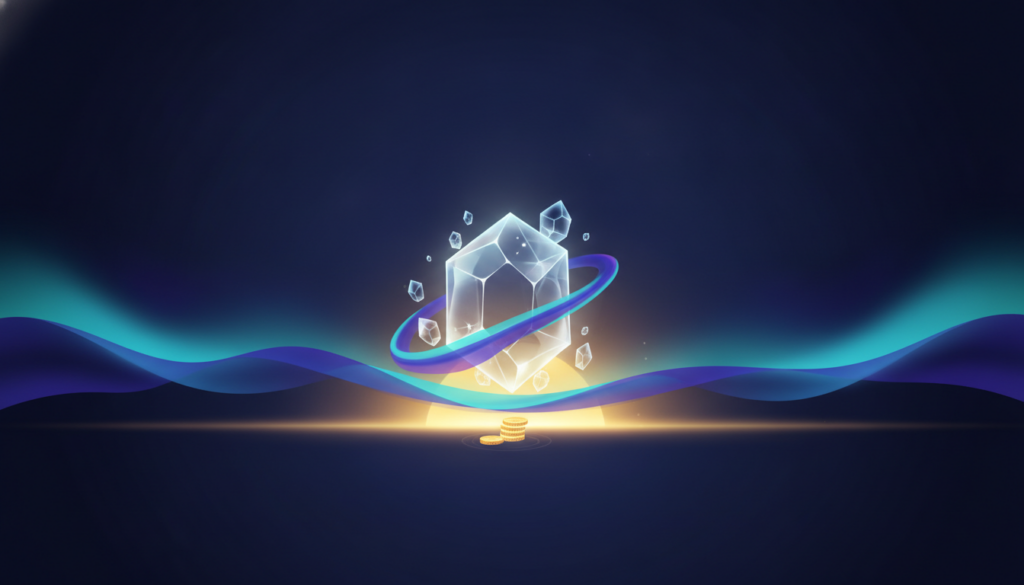 A luminous crystal orbited by an aurora ring above stacked coins, mining and staking