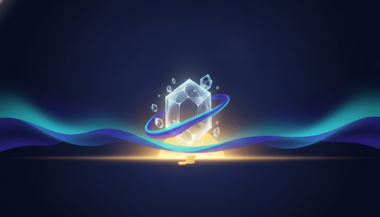 A luminous crystal orbited by an aurora ring above stacked coins, mining and staking
