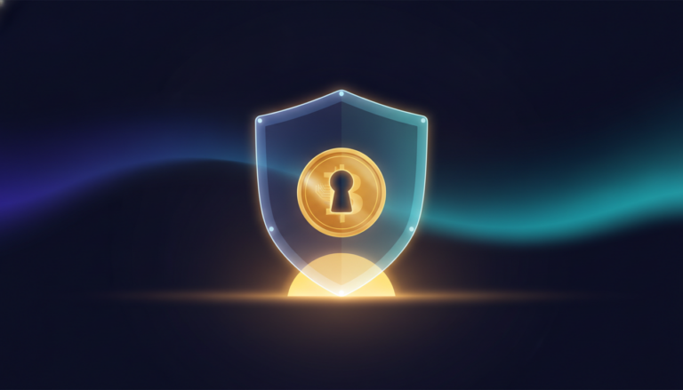 A translucent shield guarding a gold coin with a keyhole, crypto security