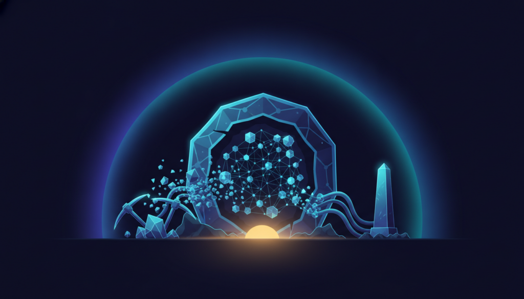 Aurora-style editorial cover illustrating: Crypto Mining and Staking Explained