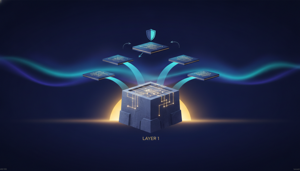 Aurora-style editorial cover illustrating: Layer 1 vs Layer 2 Explained