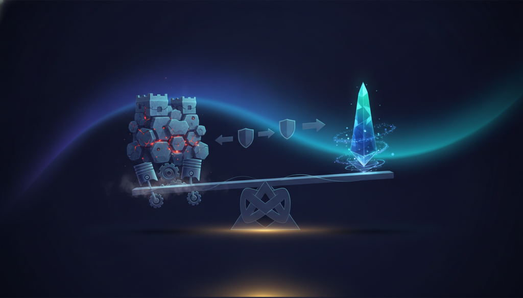 Aurora-style editorial cover illustrating: Proof of Work vs Proof of Stake