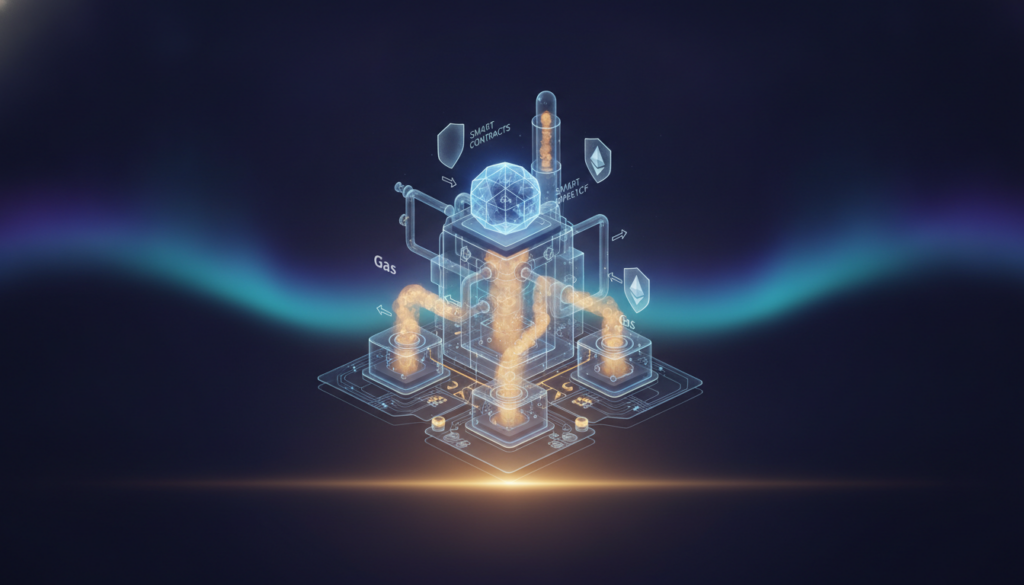Aurora-style editorial cover illustrating: What Is Ethereum (ETH)? Smart Contracts, Gas and the EVM